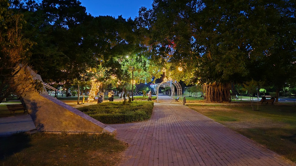 A brightly lit park pathway at night, with trees decorated with lights and benches along the sides.