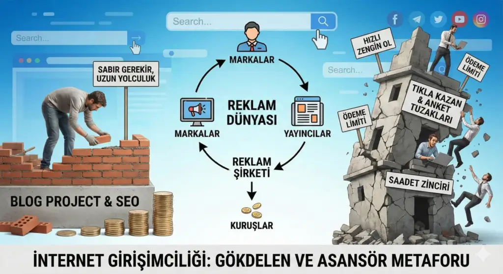 İnternet girişimciliğini temsil eden bir grafik, bir kişinin tuğlalarla duvar örmesi ve çevresinde reklam şirketleri, yayıcılar ve markalarla ilgili simgelerle dolu bir arka plan.