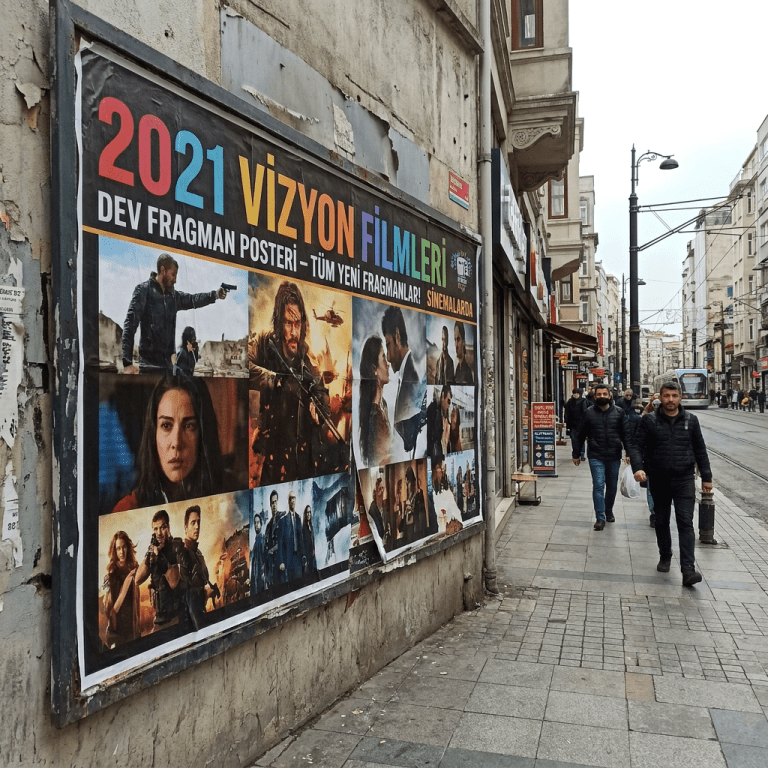 Billboard for 2021 Turkish film trailers with various movie scenes