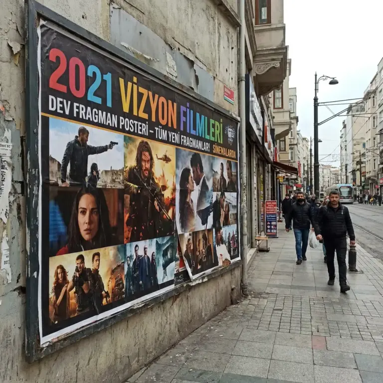 Billboard for 2021 Turkish film trailers with various movie scenes