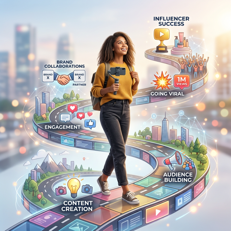 Young woman holding a smartphone on a gimbal walking a digital winding path showing content creation, engagement, audience building, brand collaborations, going viral, and influencer success.