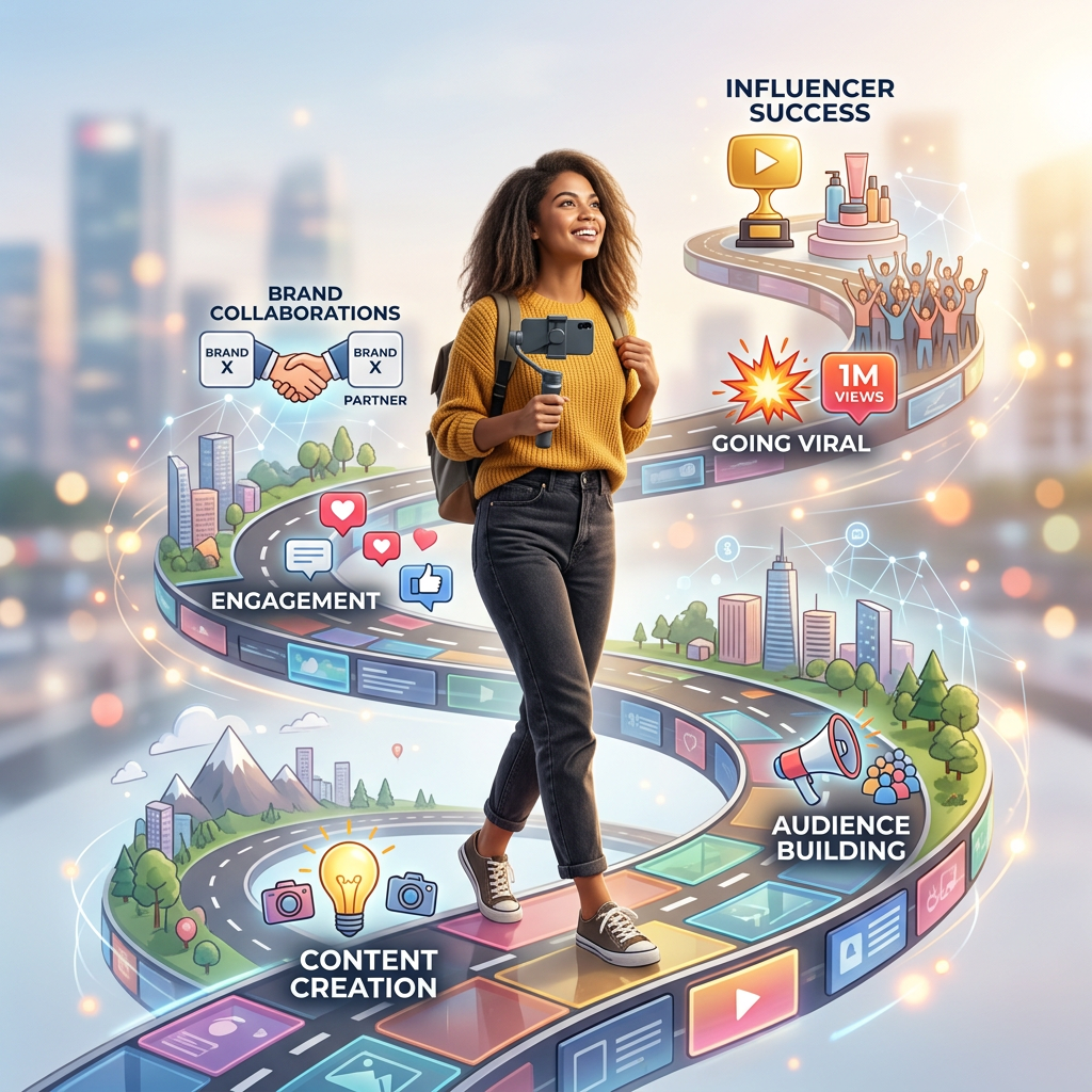 Young woman holding a smartphone on a gimbal walking a digital winding path showing content creation, engagement, audience building, brand collaborations, going viral, and influencer success.