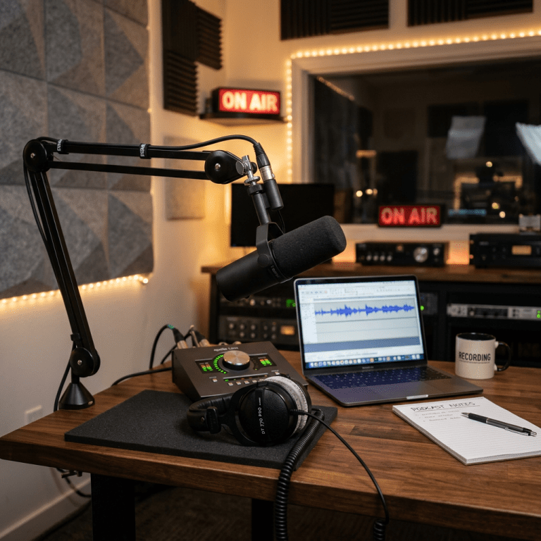 Podcast microphone on adjustable arm, laptop with audio editing software, headphones, audio interface, notebook, and 'ON AIR' signs