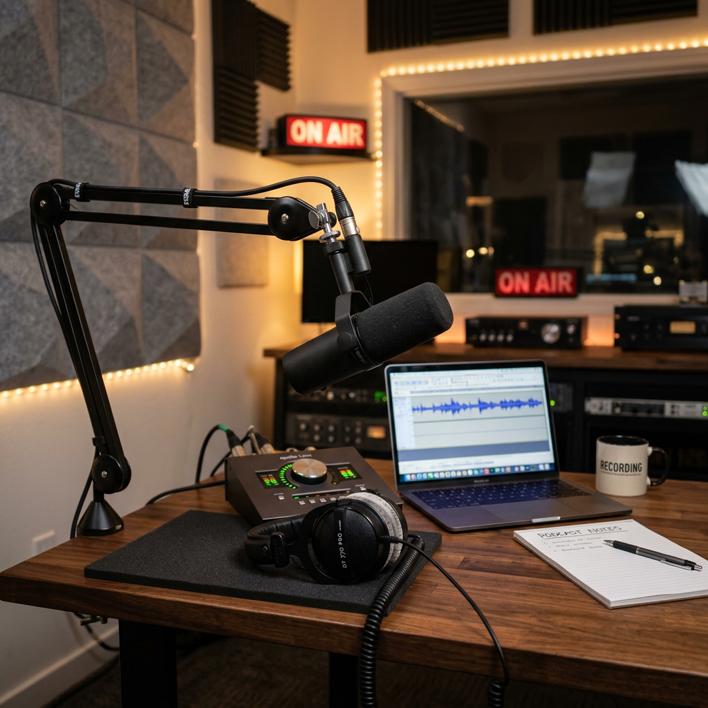 Podcast microphone on adjustable arm, laptop with audio editing software, headphones, audio interface, notebook, and 'ON AIR' signs