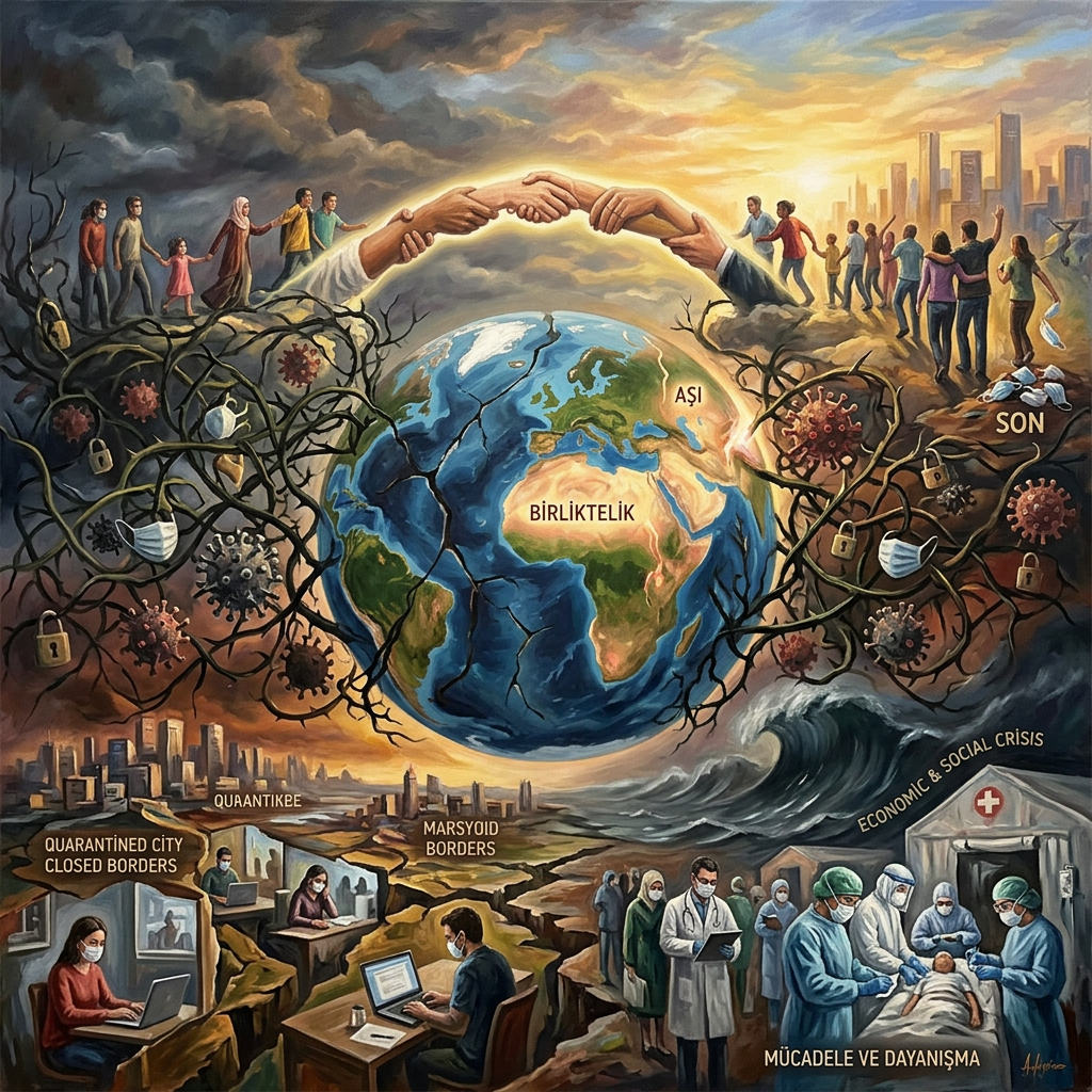 Earth with people on either side symbolizing pandemic struggles and unity through vaccination and solidarity
