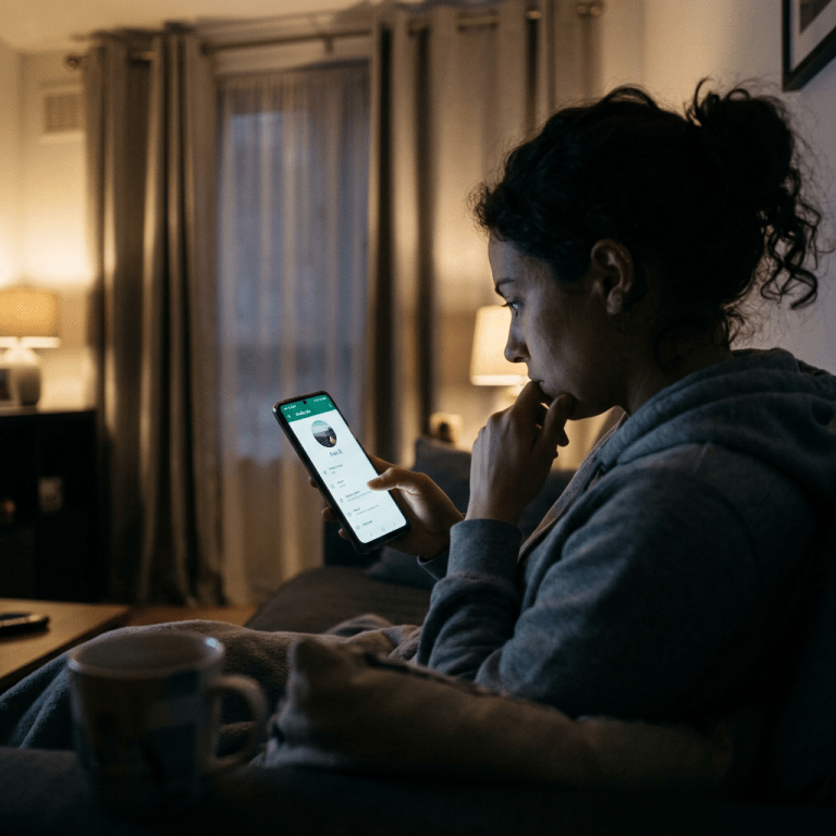 Woman sitting on couch looking at smartphone screen in dimly lit room