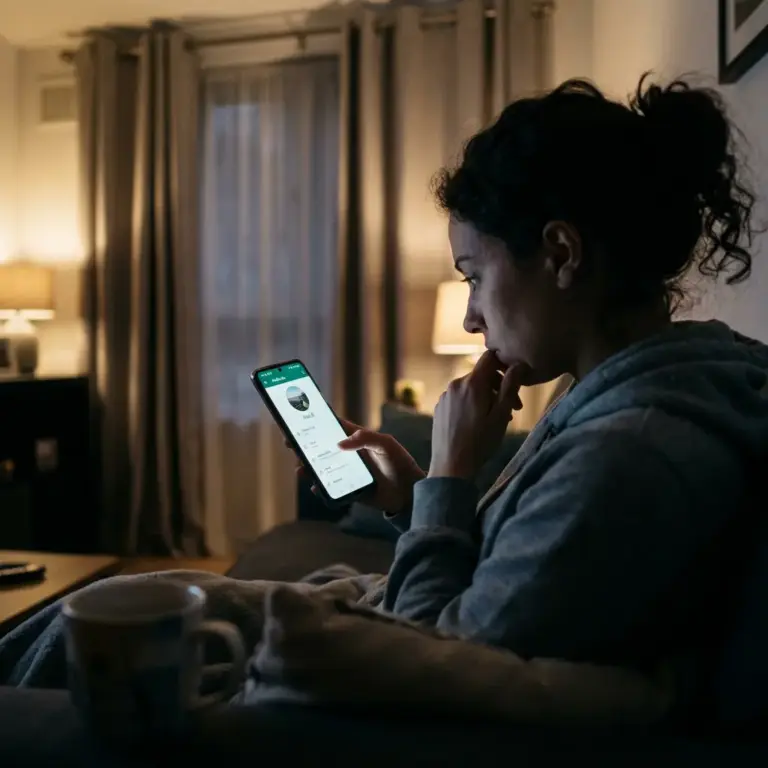 Woman sitting on couch looking at smartphone screen in dimly lit room