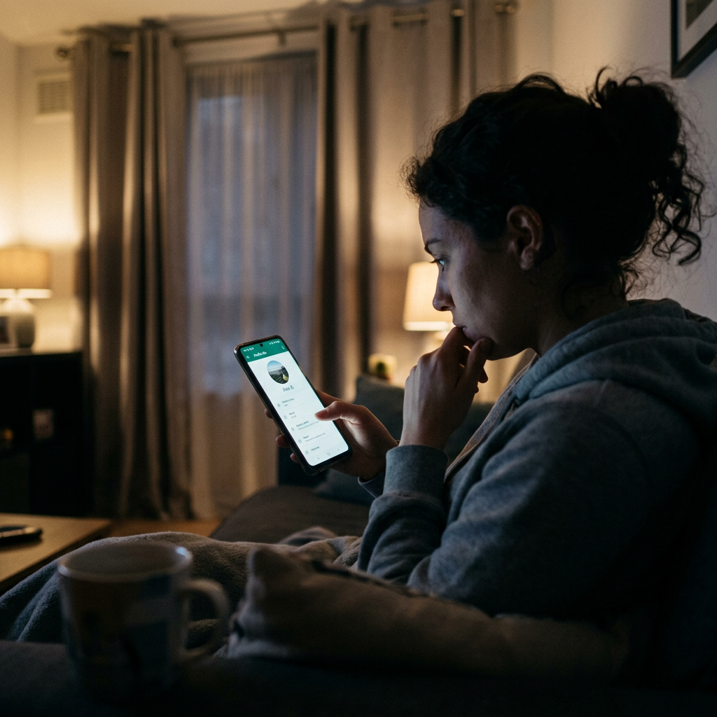 Woman sitting on couch looking at smartphone screen in dimly lit room