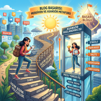 Illustration showing a woman climbing stairs labeled with blogging traits and another version of her riding an elevator labeled with blogging accelerators