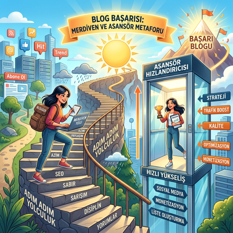 Illustration showing a woman climbing stairs labeled with blogging traits and another version of her riding an elevator labeled with blogging accelerators