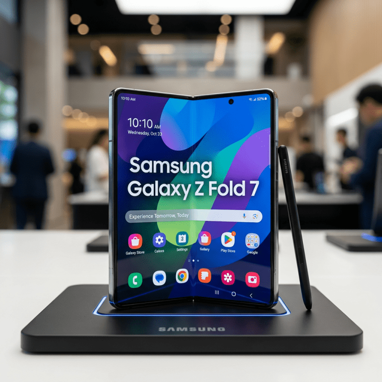 Samsung Galaxy Z Fold 7 foldable smartphone open on display stand with stylus