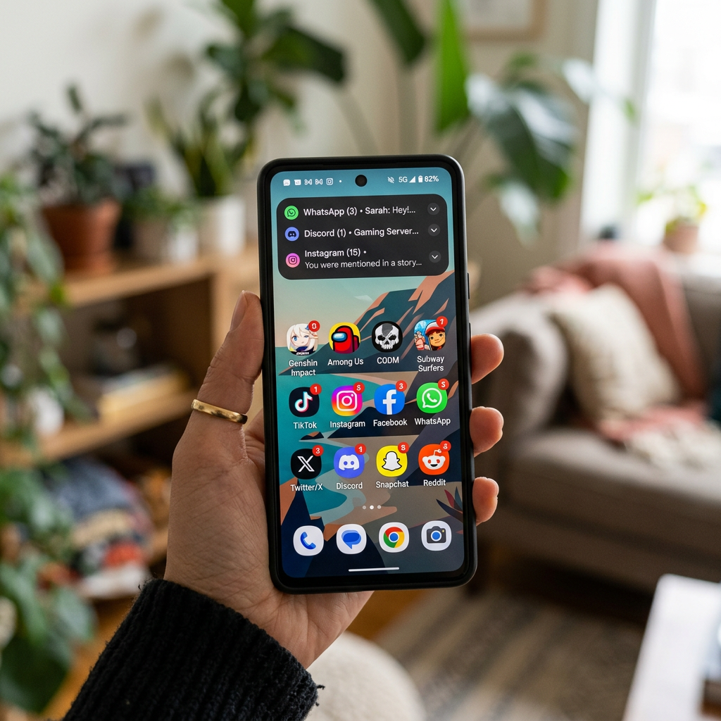Smartphone screen showing social, gaming, and messaging apps with notification badges