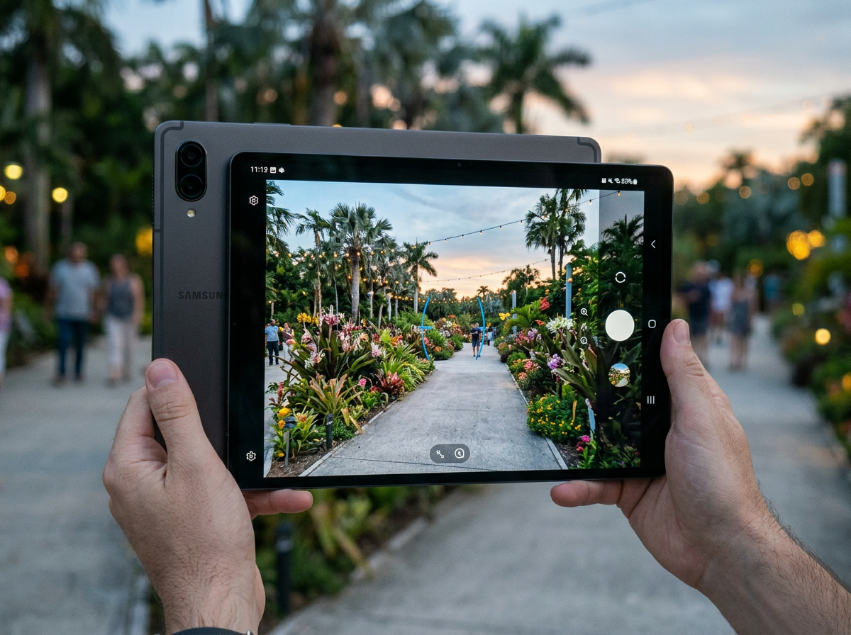 Samsung tablet held by hands showing a garden pathway with palm trees and flowers