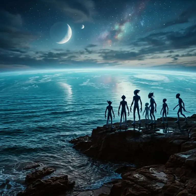 Silhouettes of seven aliens standing on rocks looking at planet Earth and stars