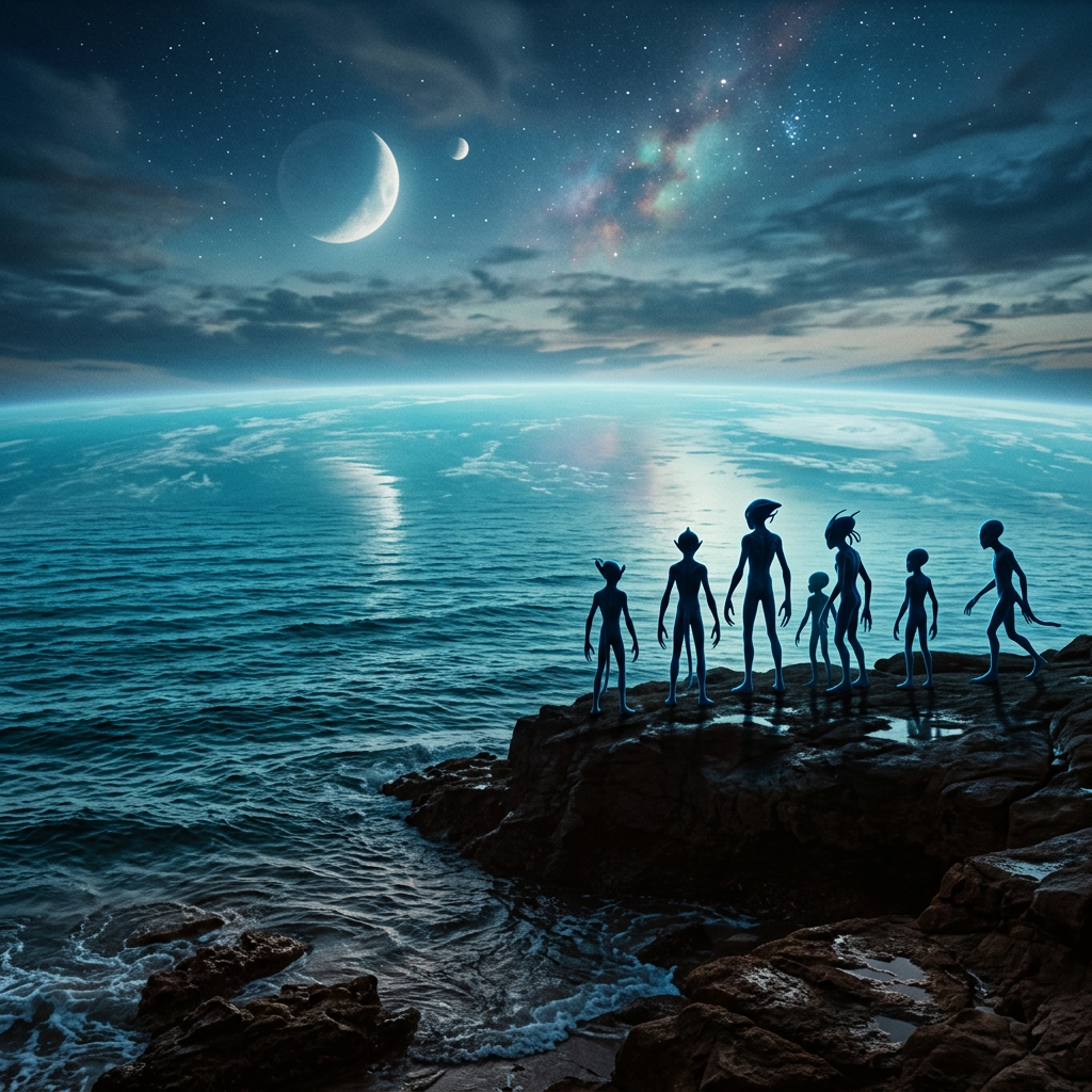 Silhouettes of seven aliens standing on rocks looking at planet Earth and stars