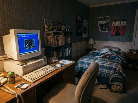 1990s bedroom with CRT monitor, vintage PC, plaid bedspread, and band posters on walls
