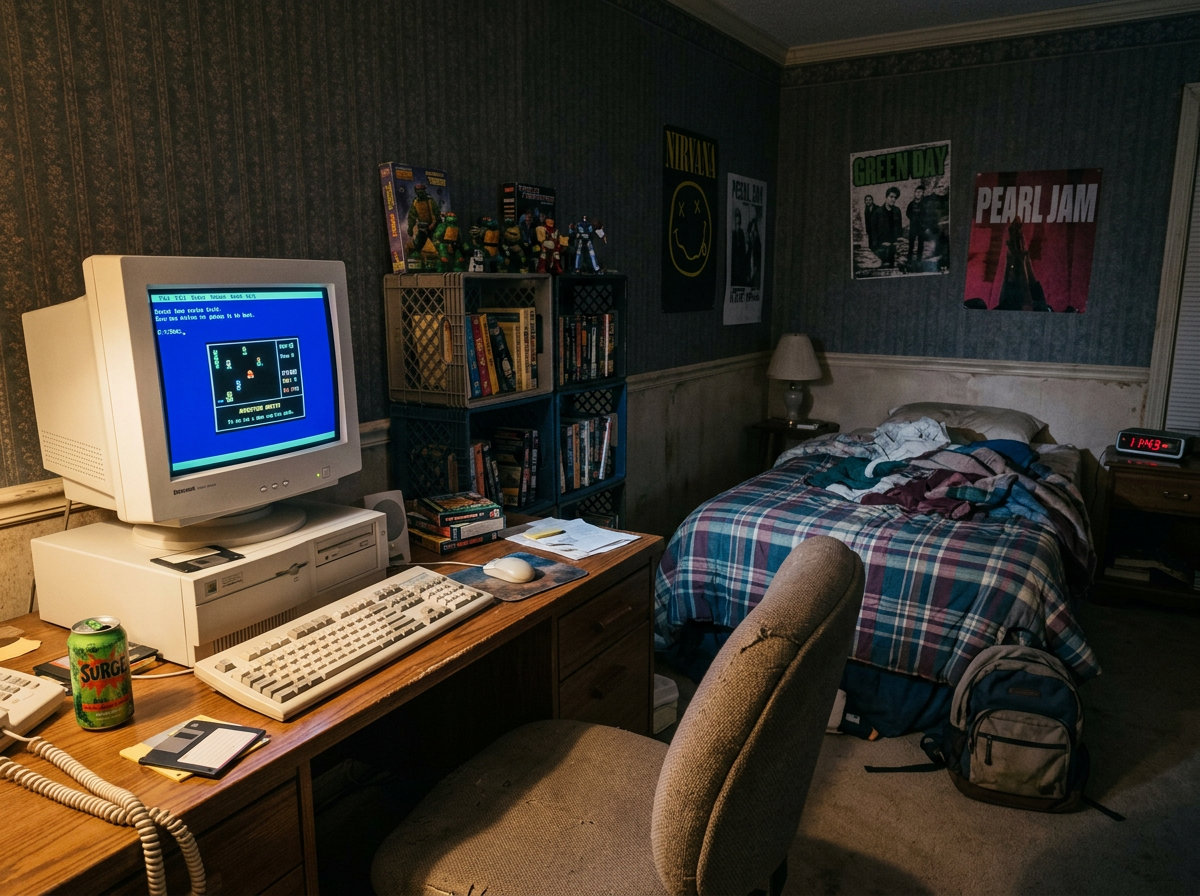 1990s bedroom with CRT monitor, vintage PC, plaid bedspread, and band posters on walls