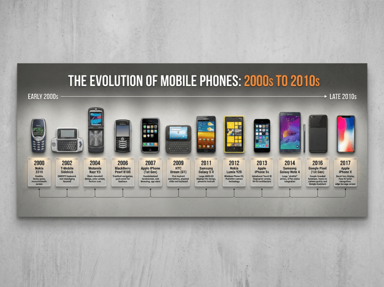 Timeline of mobile phones from Nokia 3310 in 2000 to Apple iPhone X in 2017 with images and brief descriptions.