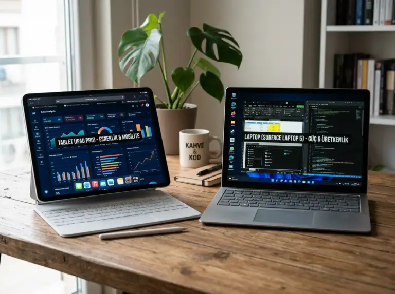 Tablet showing data analytics dashboard and laptop with coding and spreadsheet applications