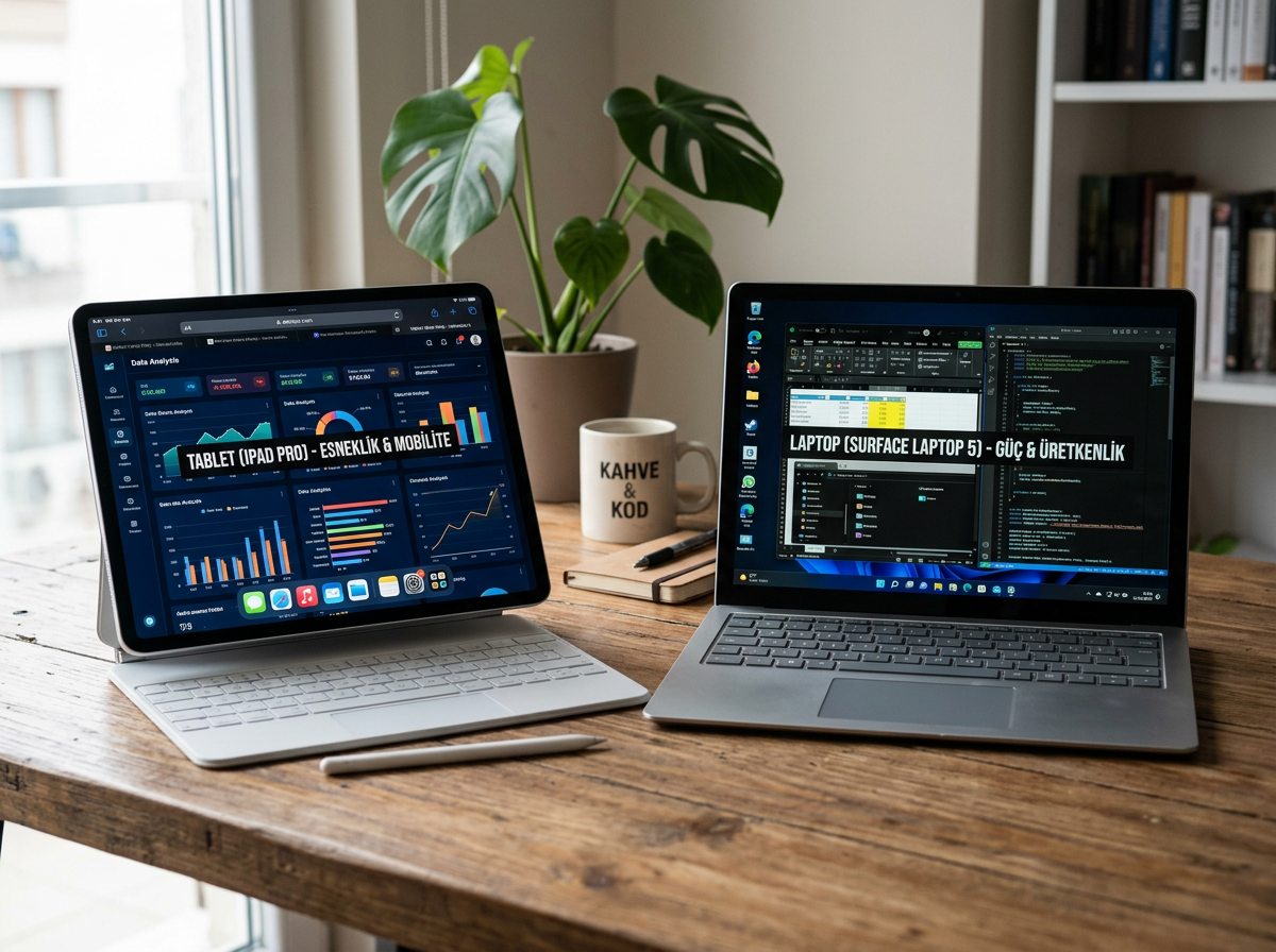 Tablet showing data analytics dashboard and laptop with coding and spreadsheet applications