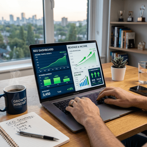 Laptop screen showing SEO dashboard with organic traffic growth, keyword rankings, backlinks, and revenue charts