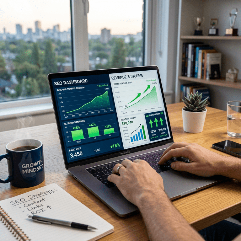 Laptop screen showing SEO dashboard with organic traffic growth, keyword rankings, backlinks, and revenue charts