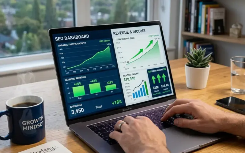 Laptop screen showing SEO dashboard with organic traffic growth, keyword rankings, backlinks, and revenue charts