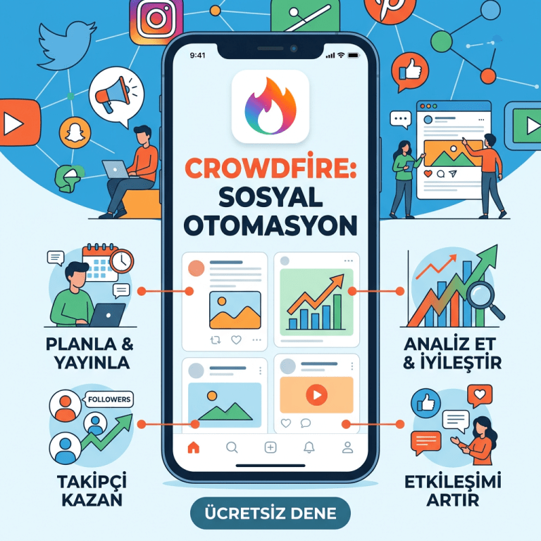Crowdfire app promoting social media automation with planning, analytics, follower growth, and engagement increase