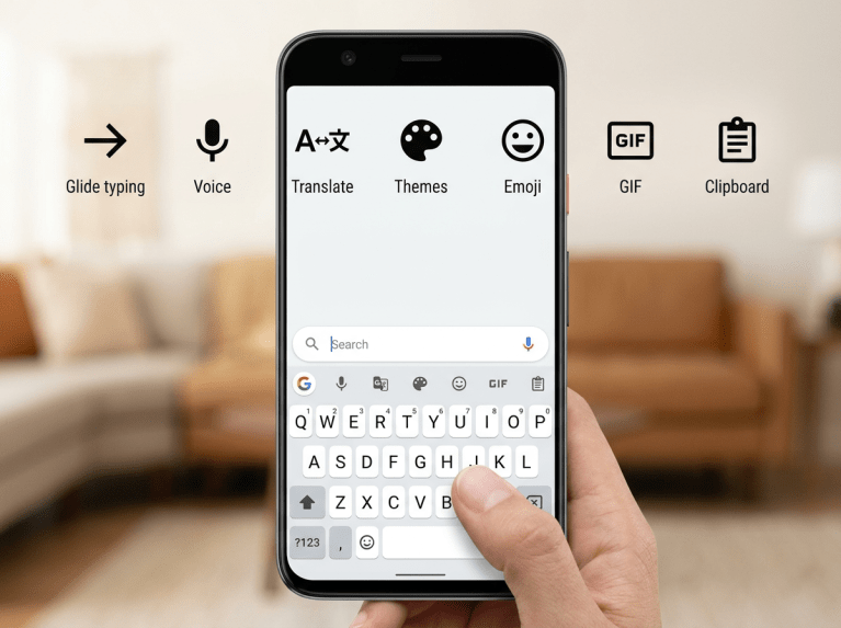 Smartphone keyboard with icons and labels for Glide typing, Voice, Translate, Themes, Emoji, GIF, and Clipboard features