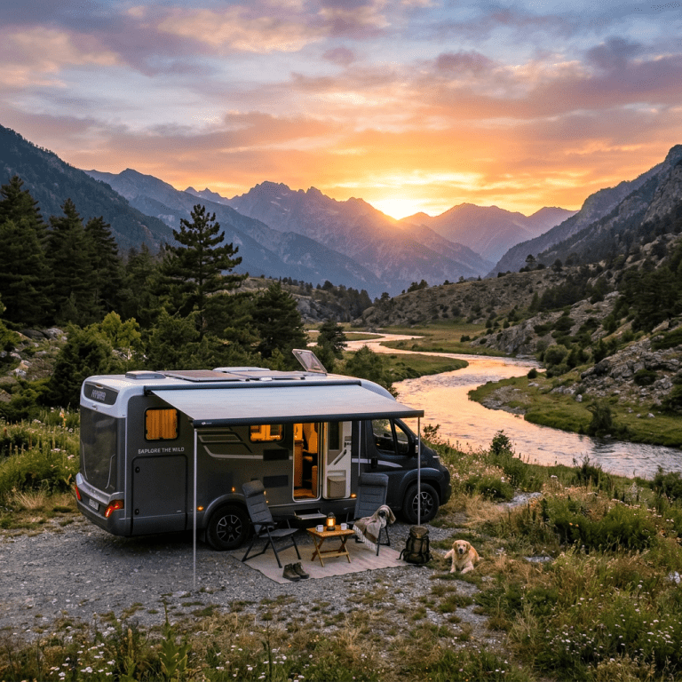 Campervan parked beside a winding river with a mountain sunset in the background, outdoor chairs, table, and a dog nearby.