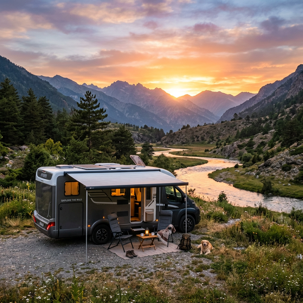Campervan parked beside a winding river with a mountain sunset in the background, outdoor chairs, table, and a dog nearby.