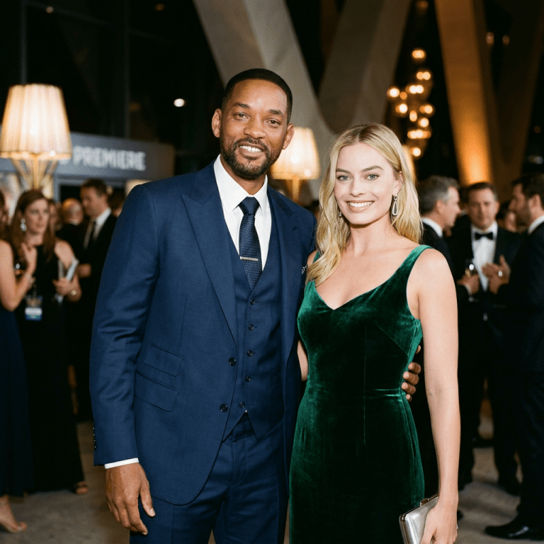 Man in navy blue suit and woman in green velvet dress smiling at a gala event