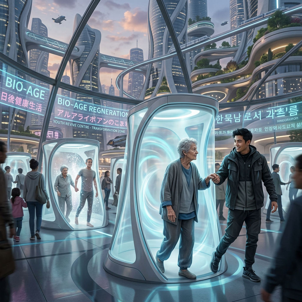 Elderly woman holding hands with young man emerging from a glowing bio-age regeneration pod in a futuristic city center