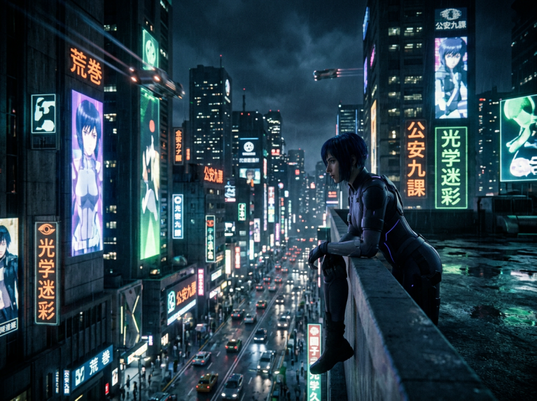 Person in futuristic armor sitting on rooftop edge overlooking neon-lit urban street at night