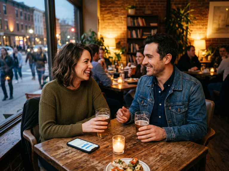Two people smiling and holding glasses of beer while talking at a wooden table inside a bar
