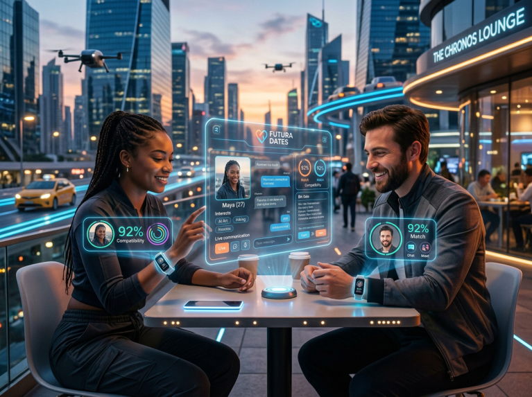 Two people using a holographic dating app with compatibility scores in an urban outdoor setting.