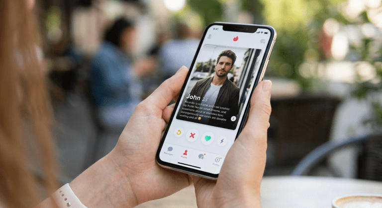 Smartphone screen showing a dating profile of John, age 33, with profile photo and brief bio