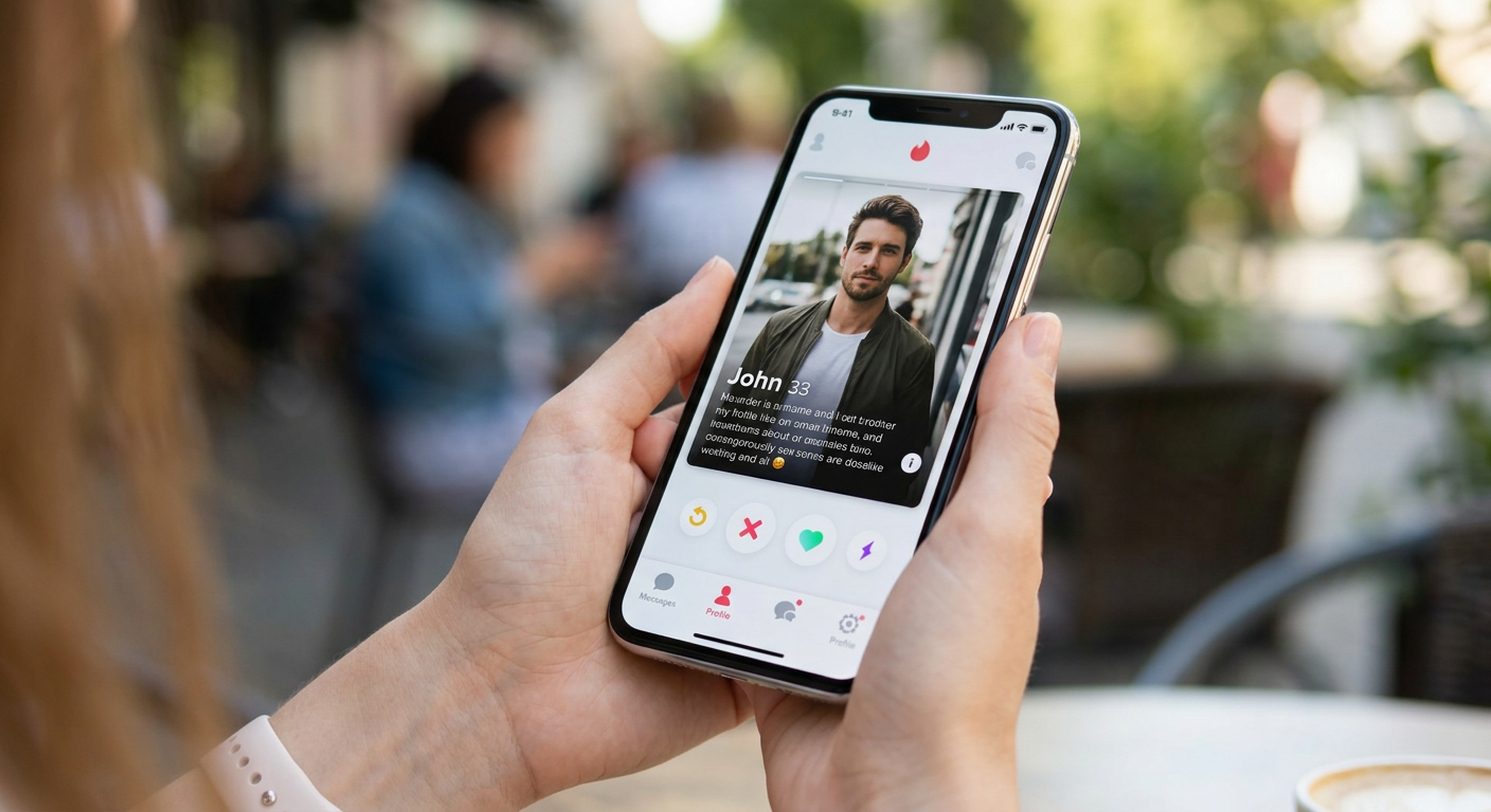 Smartphone screen showing a dating profile of John, age 33, with profile photo and brief bio