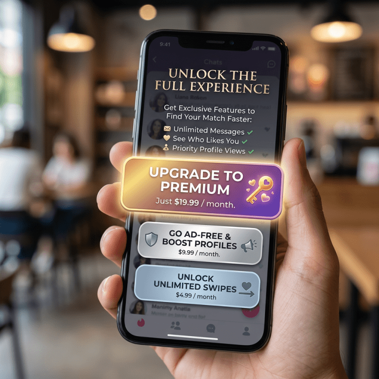 Mobile screen displaying dating app subscription options for unlocking premium features