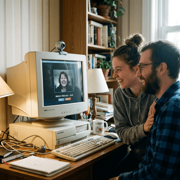 Couple engaged in a video call on an old beige desktop computer with CRT monitor