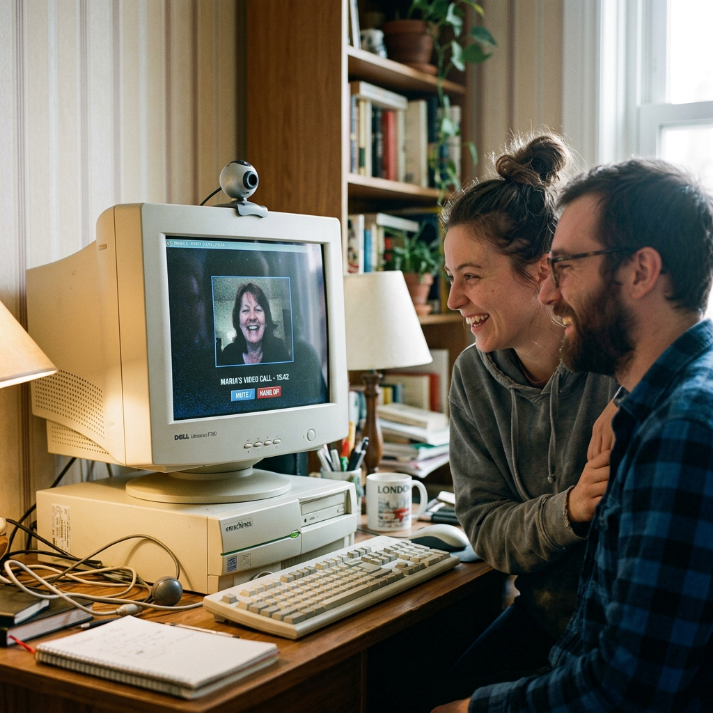Couple engaged in a video call on an old beige desktop computer with CRT monitor