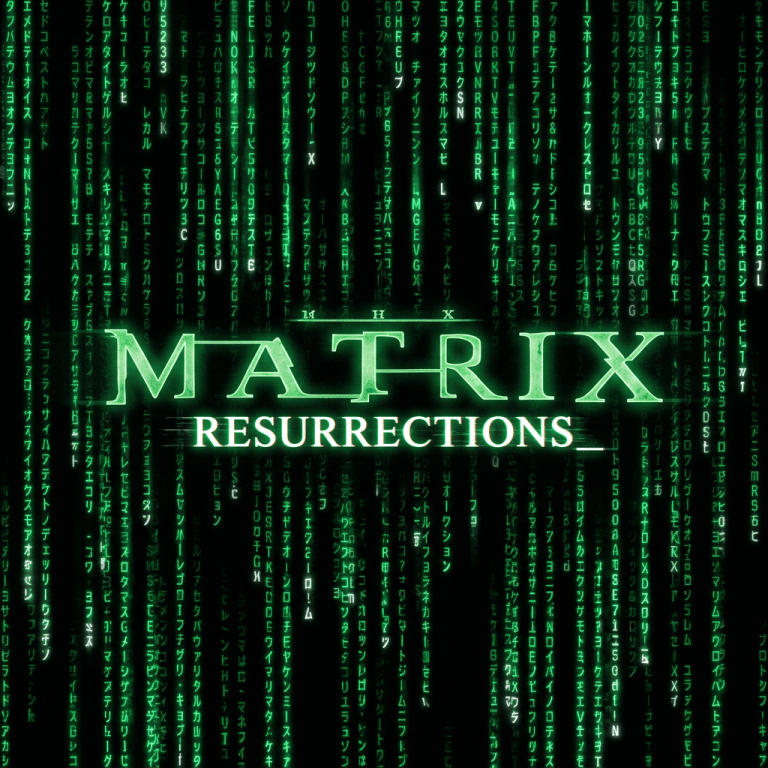 Matrix Resurrections logo with green digital rain background