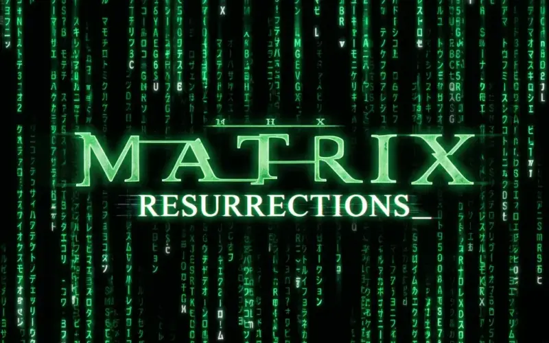 Matrix Resurrections logo with green digital rain background
