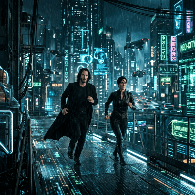 Two people running on a rain-soaked walkway with neon signs and flying vehicles in a futuristic city at night