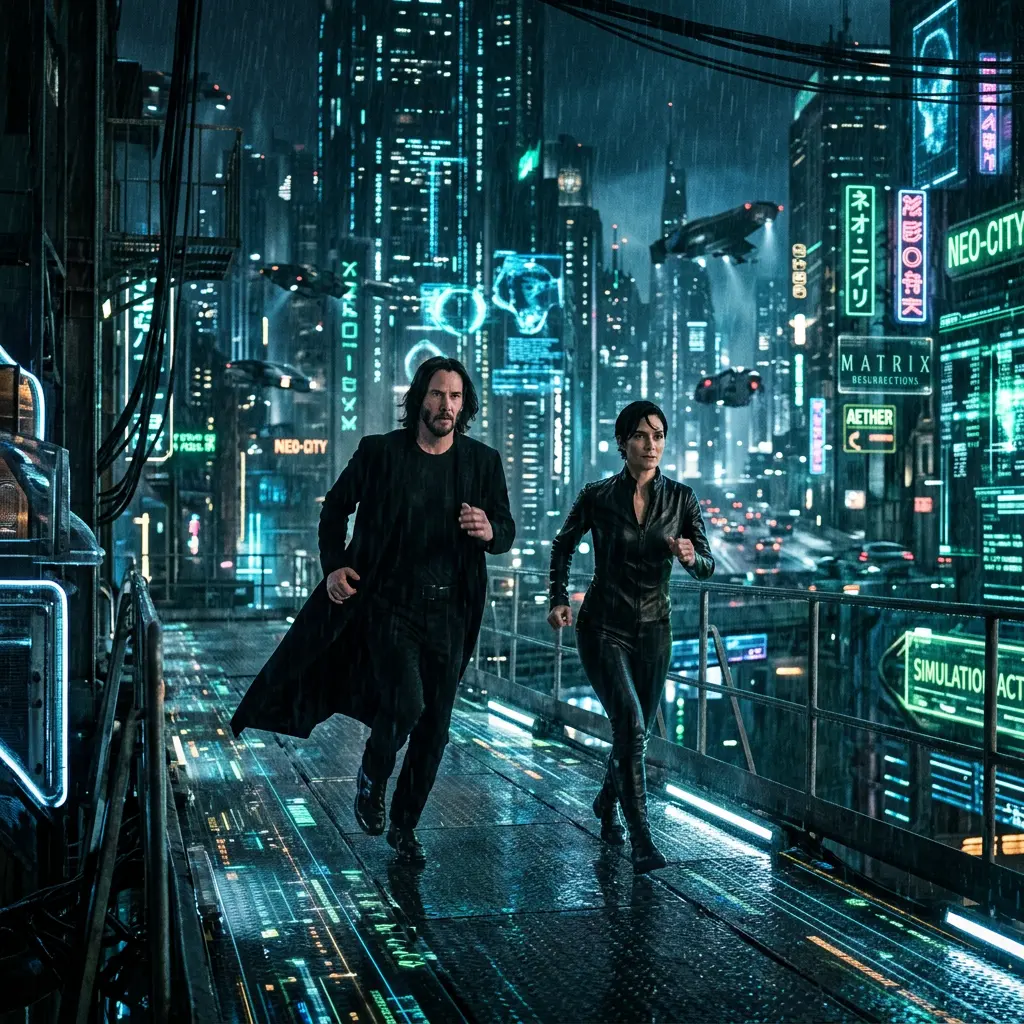 Two people running on a rain-soaked walkway with neon signs and flying vehicles in a futuristic city at night