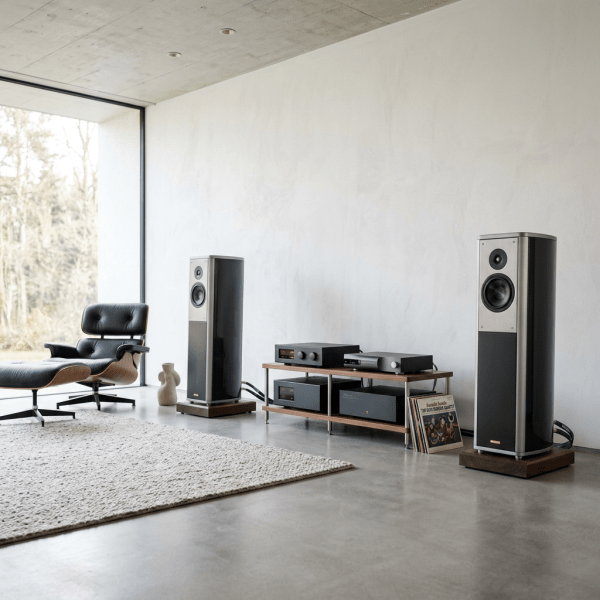 High-end floor-standing speakers, audio equipment on wooden stand, lounge chair near large window