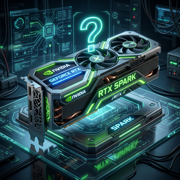 NVIDIA GeForce RTX Spark graphics card with dual fans and glowing green accents on a digital platform.