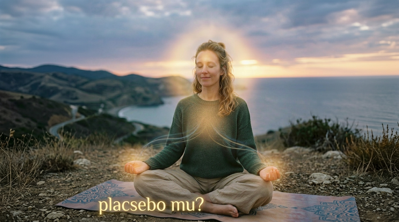 Woman sitting cross-legged on a mat meditating with glowing light effects around her heart and hands outdoors at sunset.