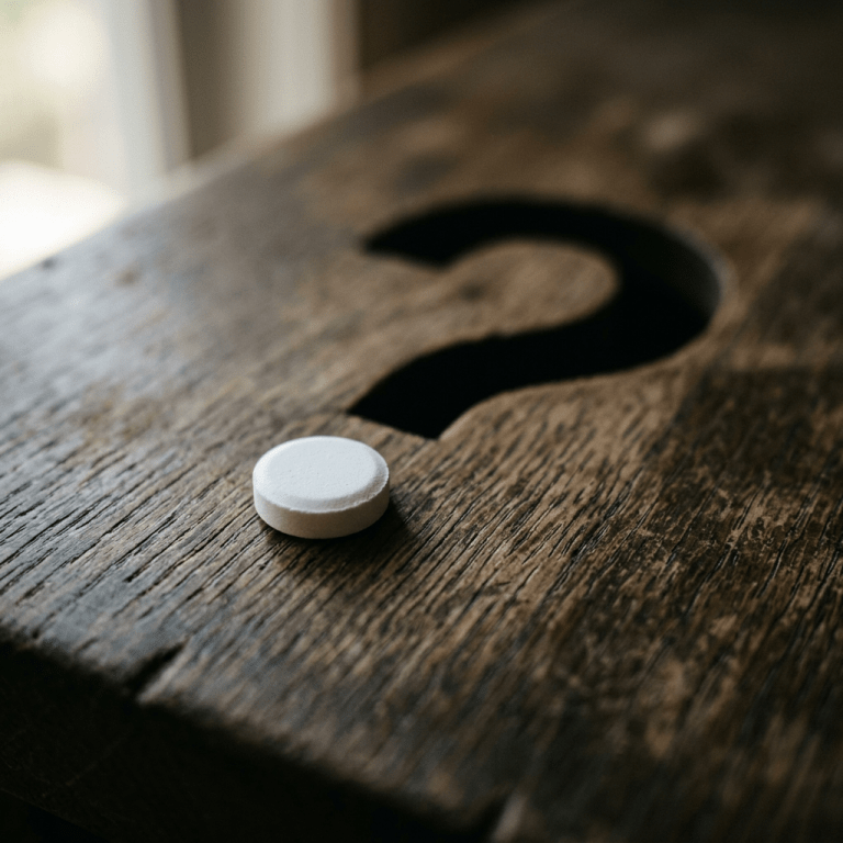 White pill next to a question mark carved in wood