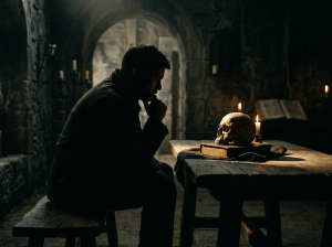 Man thinking beside skull on old book in a medieval stone chamber with candles